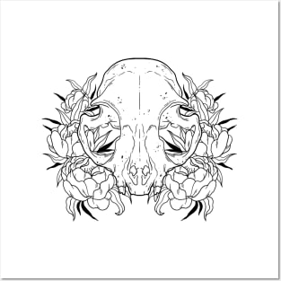 Cat Skull & Peonies Posters and Art